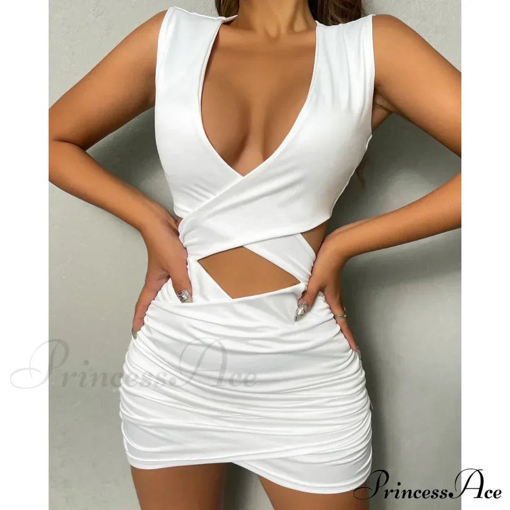 Sleeveless Bodycon Mini V Neck Slim Ruched Hollow Vestido OutFits Elegant Soild Cut Out Dress image 7