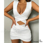Sleeveless Bodycon Mini V Neck Slim Ruched Hollow Vestido OutFits Elegant Soild Cut Out Dress image 7