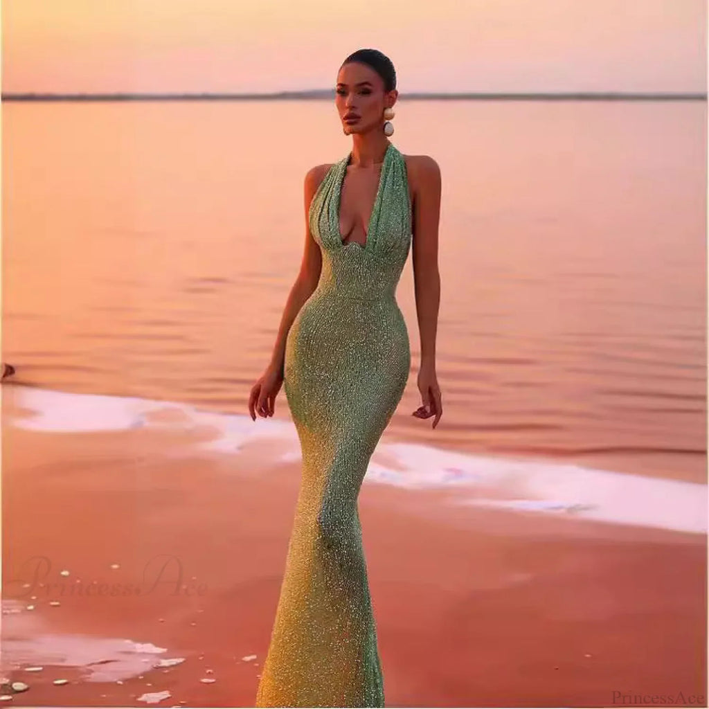 Sleeveless Halter Deep V Sequin Prom Dress image 1
