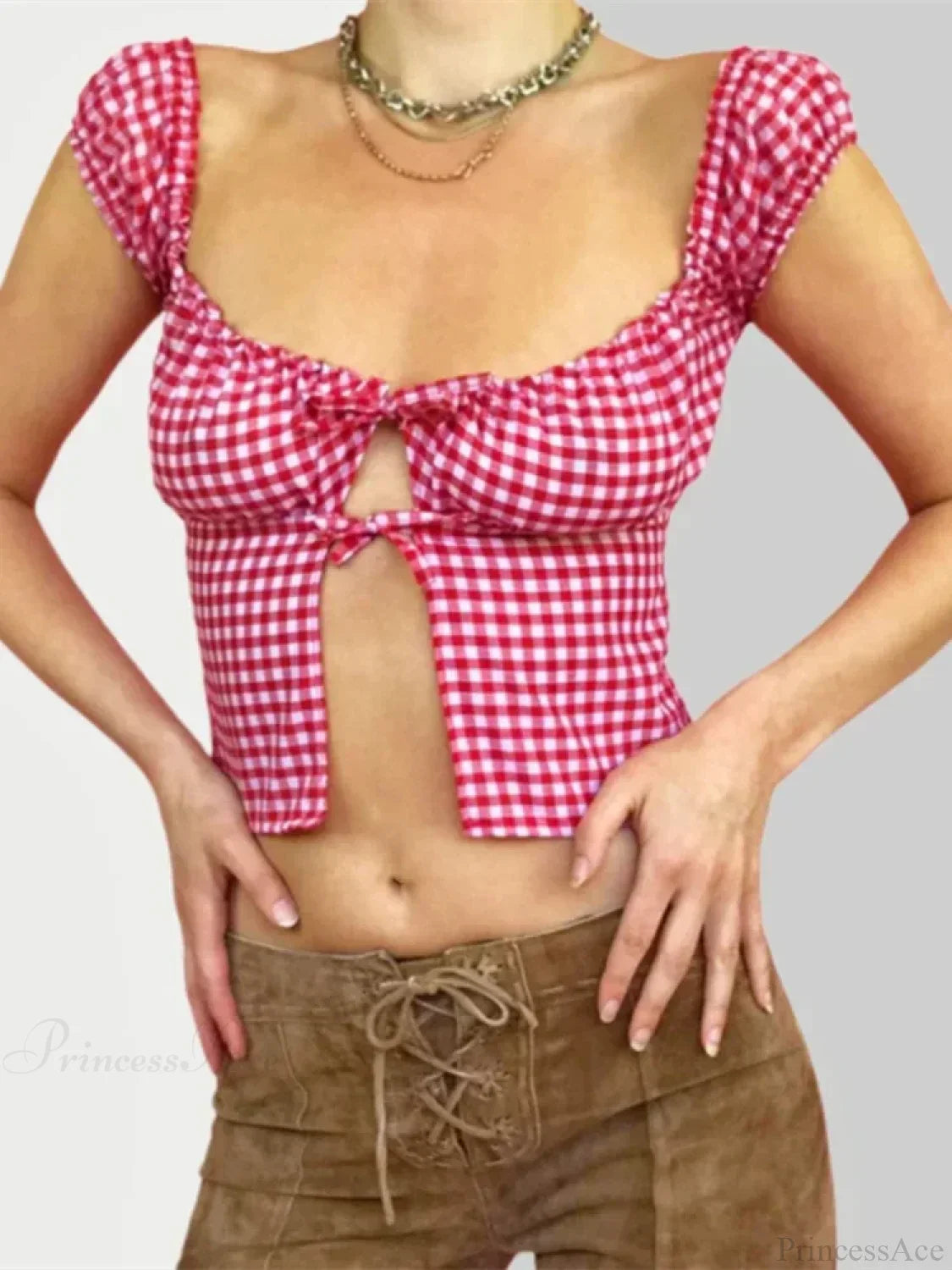 Sleeveless Plaid Square Neck Tie-up Blouse image 4