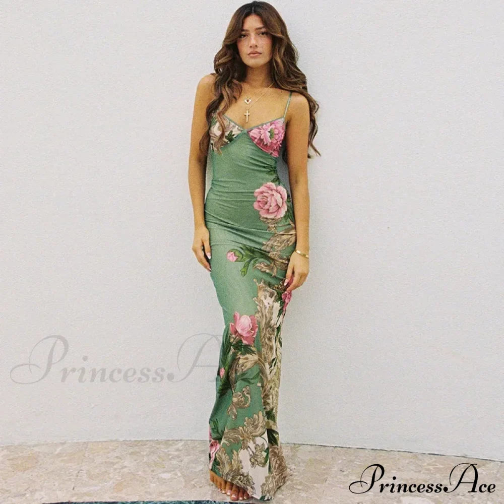 Sleeveless Print Fashion Vneck SlimLong Summer Beach Party Club Robe Floral Dress image 1