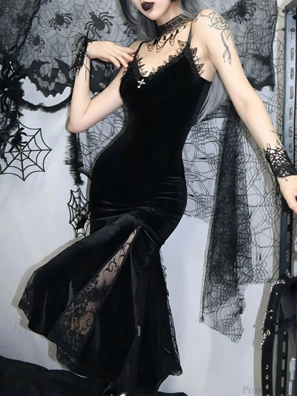Sleeveless Velour Lace Patchwork Midi Dress image 5