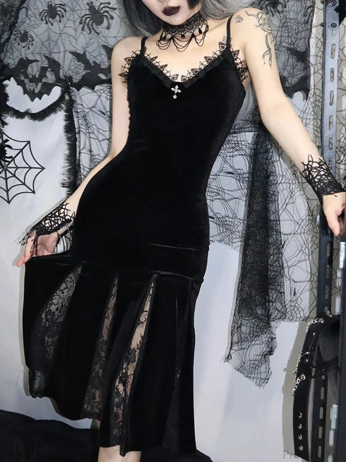 Sleeveless Velour Lace Patchwork Midi Dress image 3