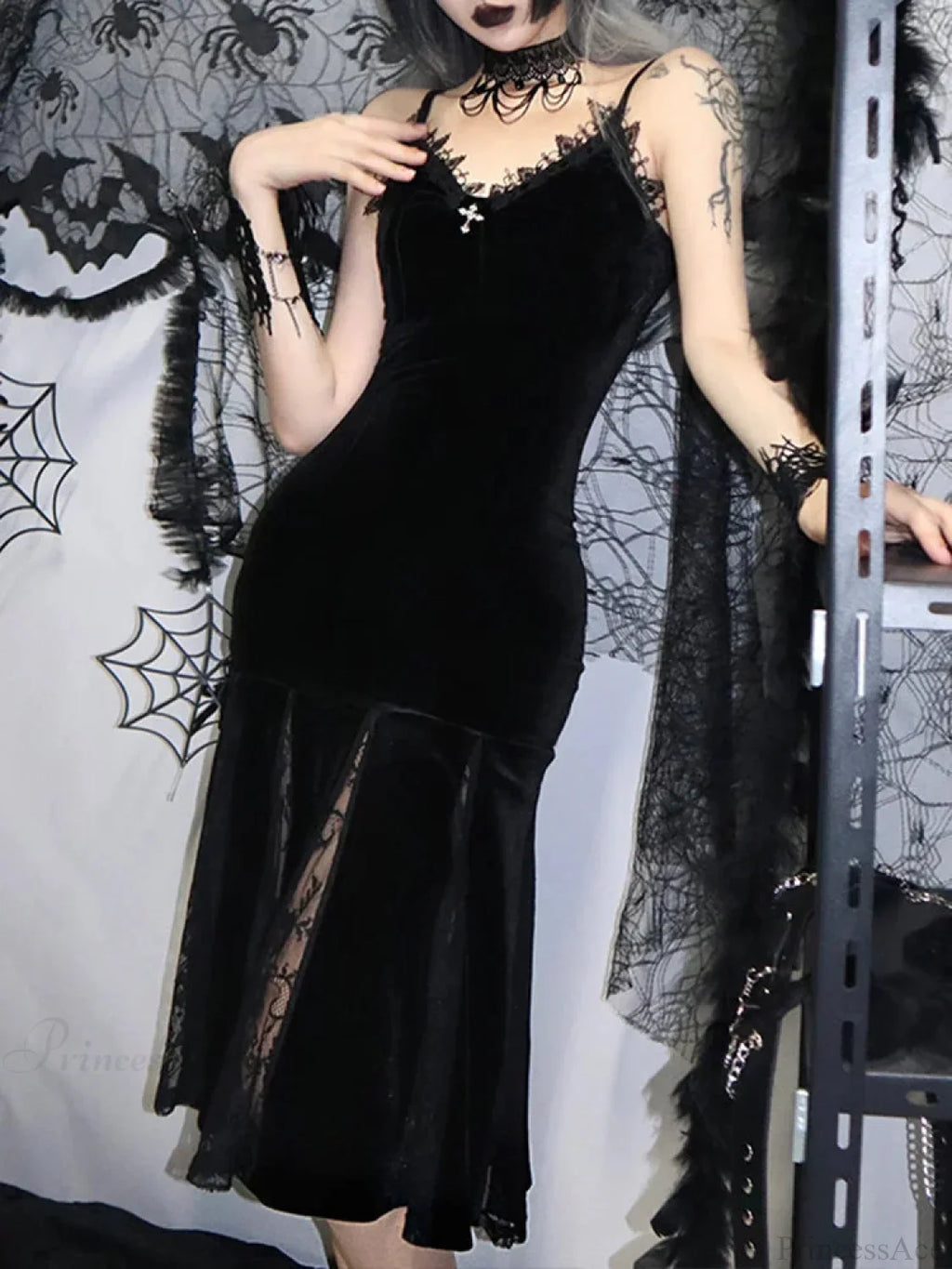 Sleeveless Velour Lace Patchwork Midi Dress image 2