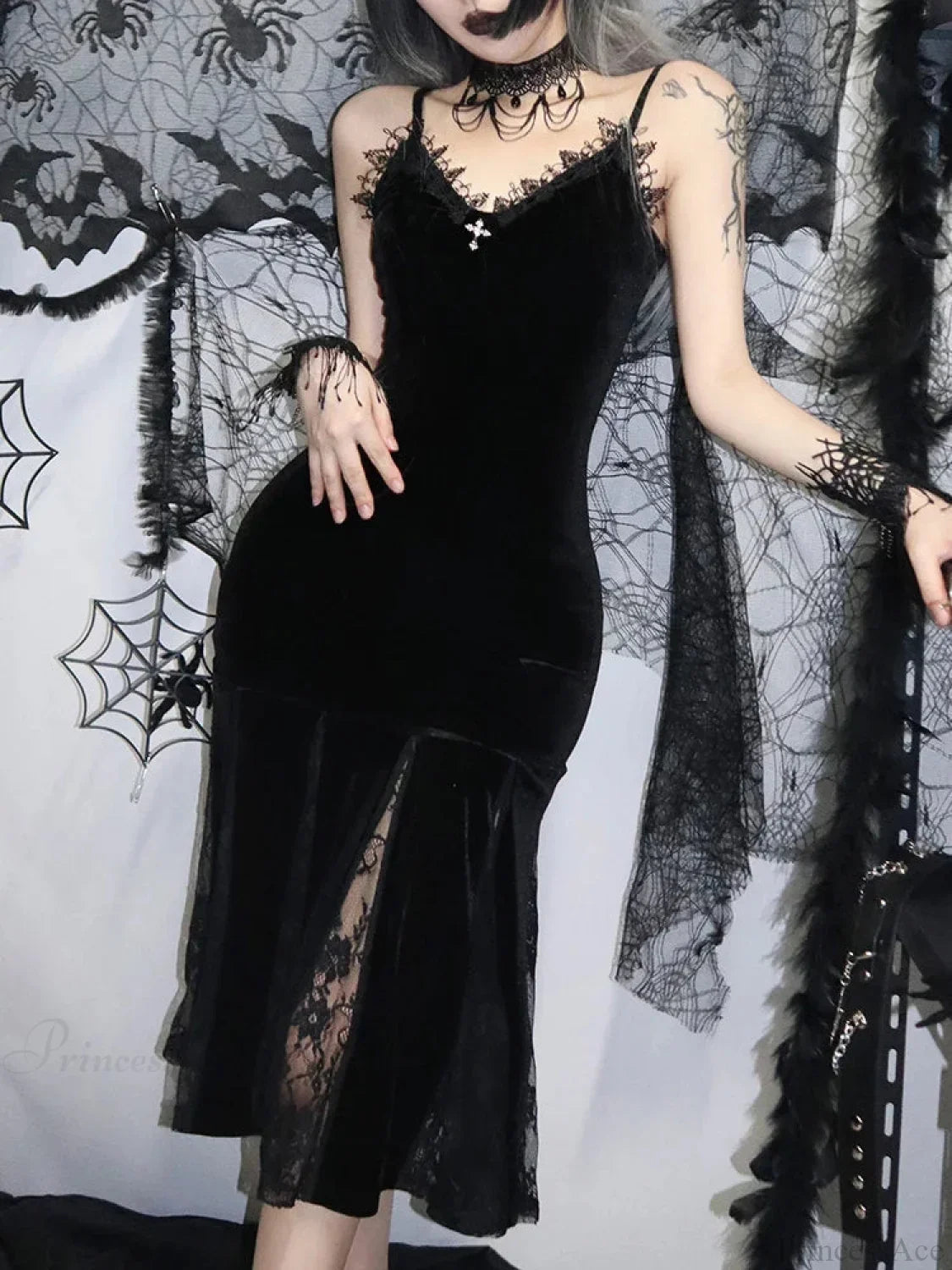 Sleeveless Velour Lace Patchwork Midi Dress image 1