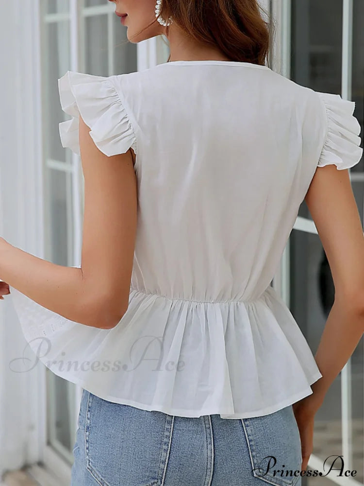 Sleeves Blouse and Notched with Eyelet Flutter Neck image 2