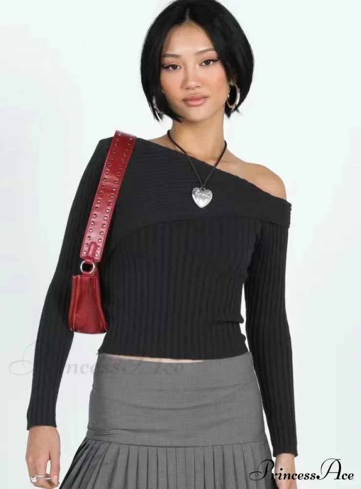 Slim Arm Fit Sloped Long Solid Shoulder Lapel Knitted Color Sweater image 2