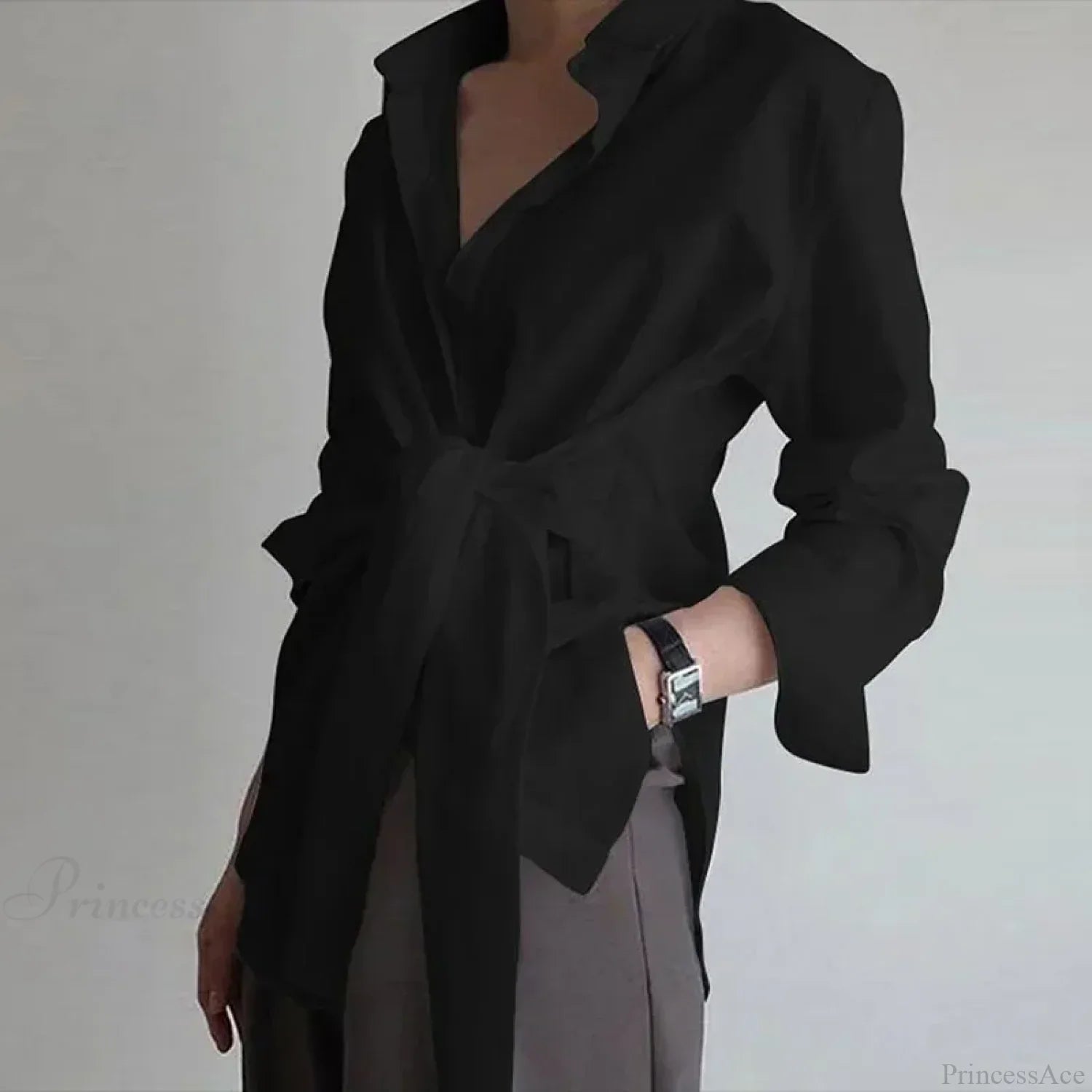 Slim Button Ruched Lace-Up Blouse image 2