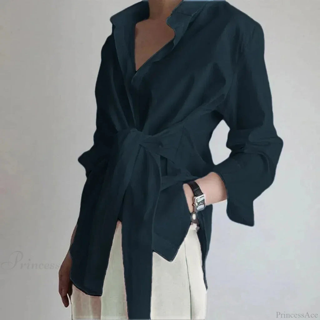 Slim Button Ruched Lace-Up Blouse image 3
