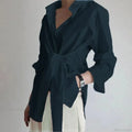Slim Button Ruched Lace-Up Blouse image 3