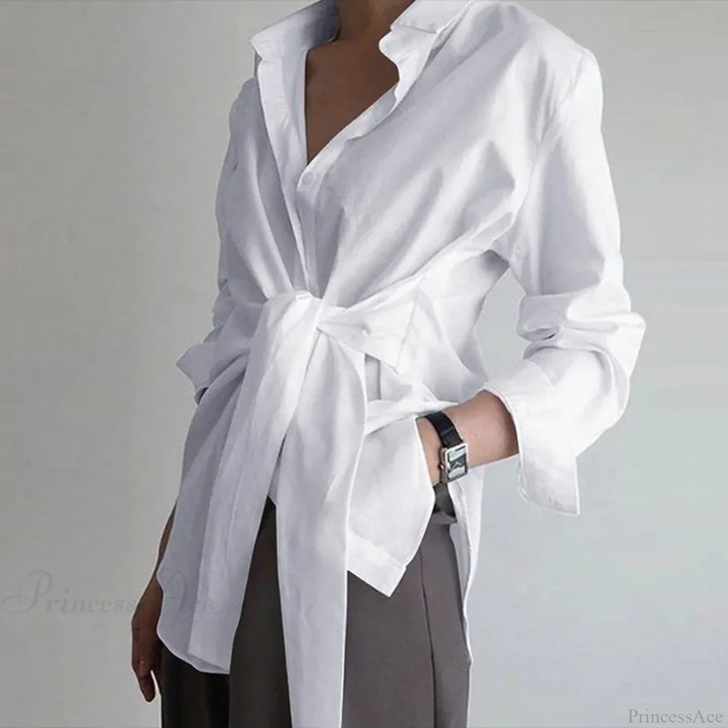 Slim Button Ruched Lace-Up Blouse image 1