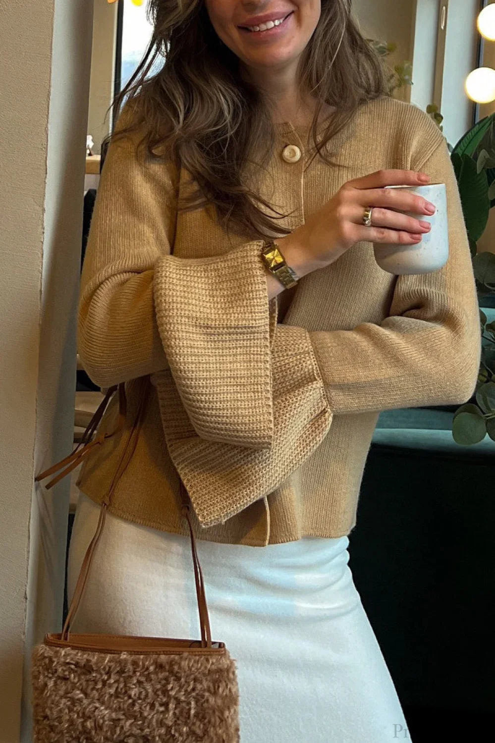 Slim Fit Bell Sleeve Knit Crew Neck Cardigan image 6