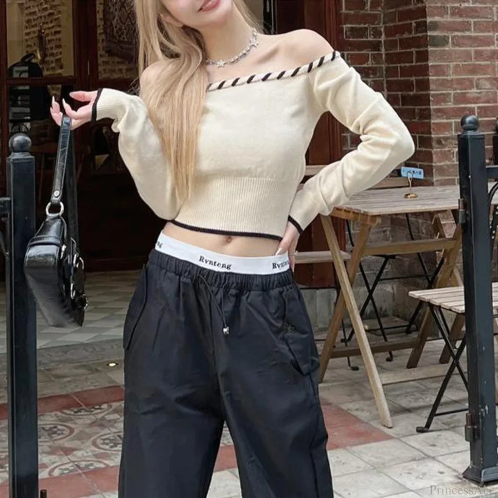 Slim Fit Korean Off-Shoulder Knitted Boat Neck Knit Top image 2