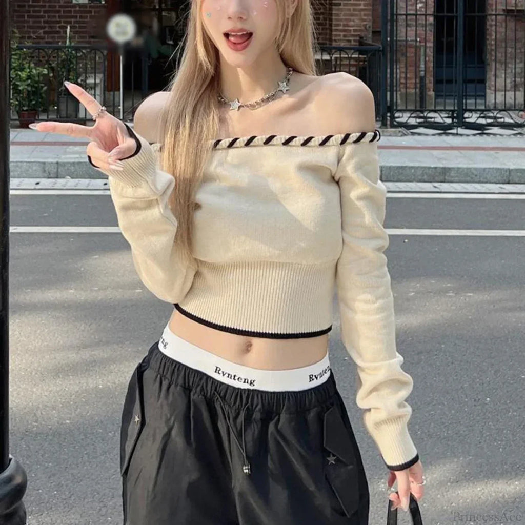 Slim Fit Korean Off-Shoulder Knitted Boat Neck Knit Top image 3