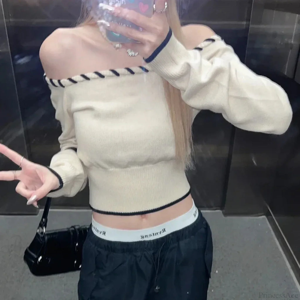 Slim Fit Korean Off-Shoulder Knitted Boat Neck Knit Top image 1