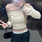 Slim Fit Korean Off-Shoulder Knitted Boat Neck Knit Top image 1