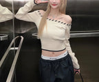 Slim Fit Korean Off-Shoulder Knitted Boat Neck Knit Top image 4