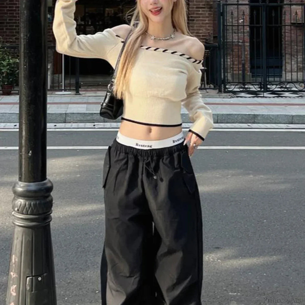 Slim Fit Korean Off-Shoulder Knitted Boat Neck Knit Top image 6