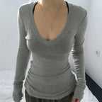 Slim-fitting Crop Top Micro-transparent V-neck Smock T-shirt Women image 1