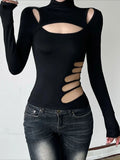 Slim Hollow Out Turtleneck Solid Long Sleeve Knit Top image 1
