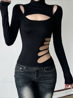 Slim Hollow Out Turtleneck Solid Long Sleeve Knit Top image 1