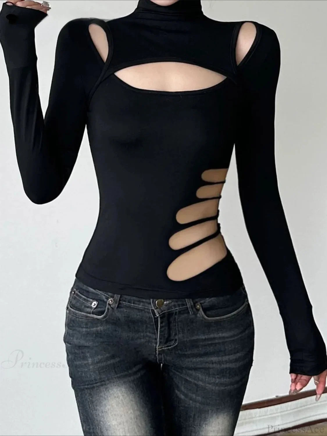 Slim Hollow Out Turtleneck Solid Long Sleeve Knit Top image 1
