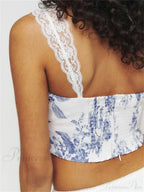 Slim Lace Strap Plaid Floral Print Crop Top image 4