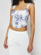 Slim Lace Strap Plaid Floral Print Crop Top image 3