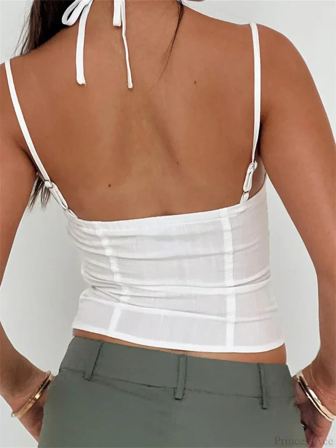 Slim Lace Trim Halter Tie-up Backless Crop Top image 2