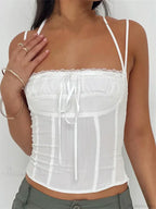Slim Lace Trim Halter Tie-up Backless Crop Top image 1