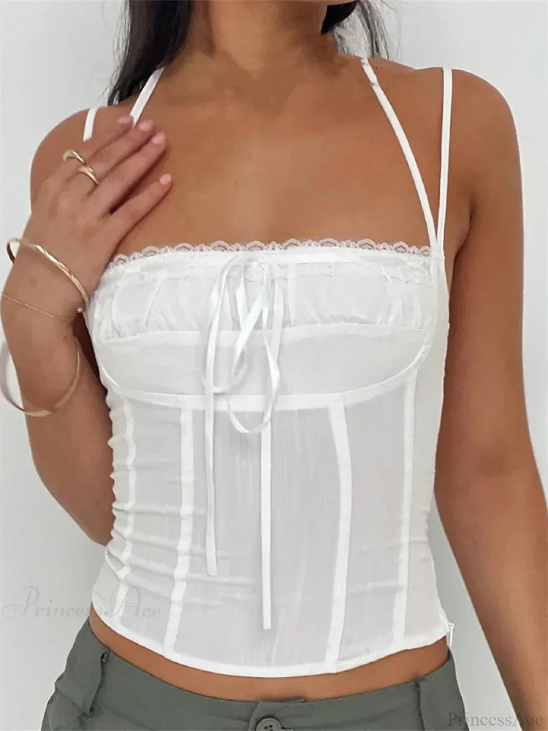 Slim Lace Trim Halter Tie-up Backless Crop Top image 1