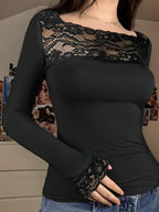 Slim Lace Trim Patchwork See-Through Slash Neck Long Sleeve Knit Top image 1