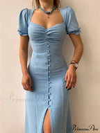 Slim Neck Slit Puff Midi Arm Casual V Party Black Women Elegant A-line Button Warm-Season Gown Dress image 4
