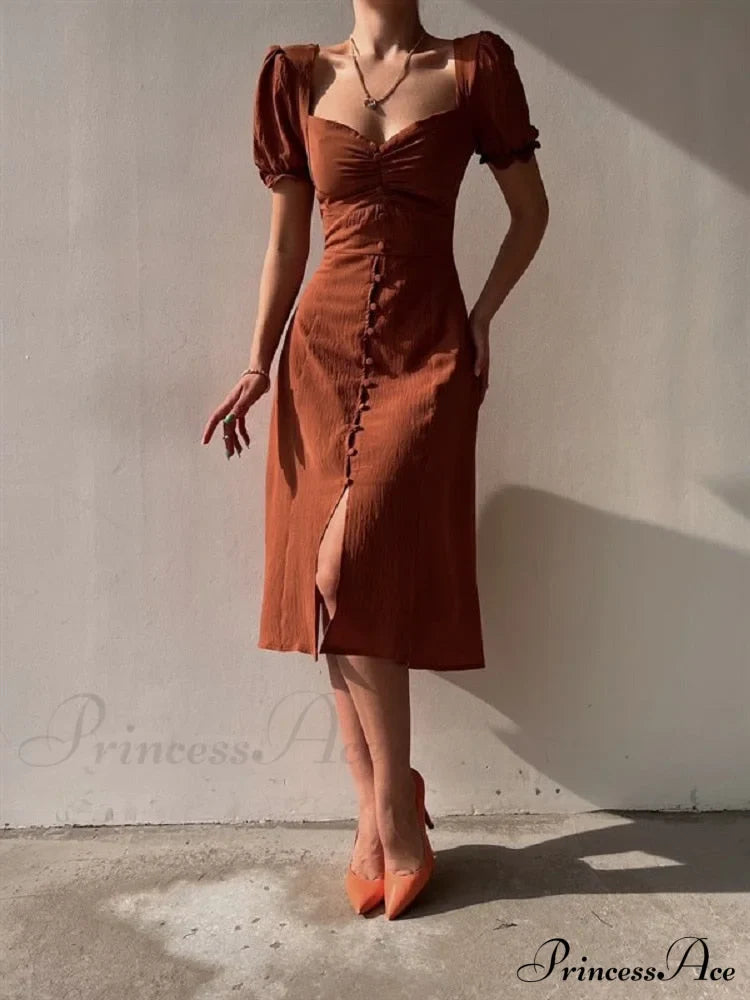 Slim Neck Slit Puff Midi Arm Casual V Party Black Women Elegant A-line Button Warm-Season Gown Dress image 2