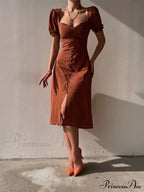 Slim Neck Slit Puff Midi Arm Casual V Party Black Women Elegant A-line Button Warm-Season Gown Dress image 5