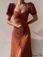 Slim Neck Slit Puff Midi Arm Casual V Party Black Women Elegant A-line Button Warm-Season Gown Dress image 3