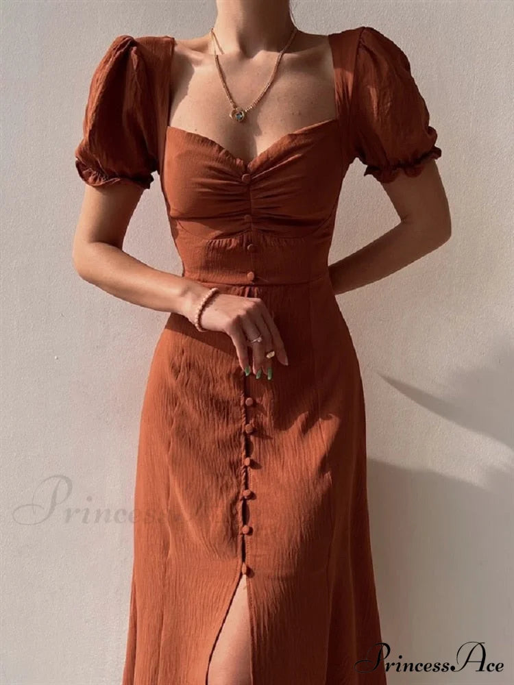 Slim Neck Slit Puff Midi Arm Casual V Party Black Women Elegant A-line Button Warm-Season Gown Dress image 3