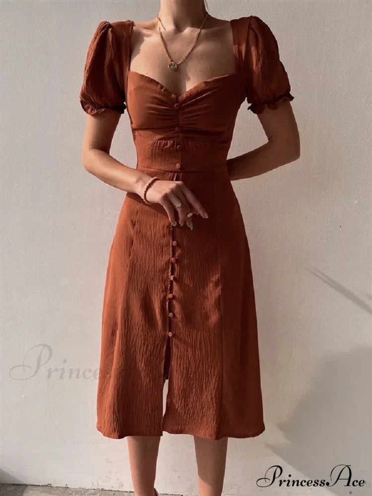 Slim Neck Slit Puff Midi Arm Casual V Party Black Women Elegant A-line Button Warm-Season Gown Dress image 9