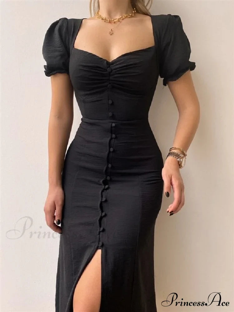 Slim Neck Slit Puff Midi Arm Casual V Party Black Women Elegant A-line Button Warm-Season Gown Dress image 7