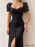 Slim Neck Slit Puff Midi Arm Casual V Party Black Women Elegant A-line Button Warm-Season Gown Dress image 7