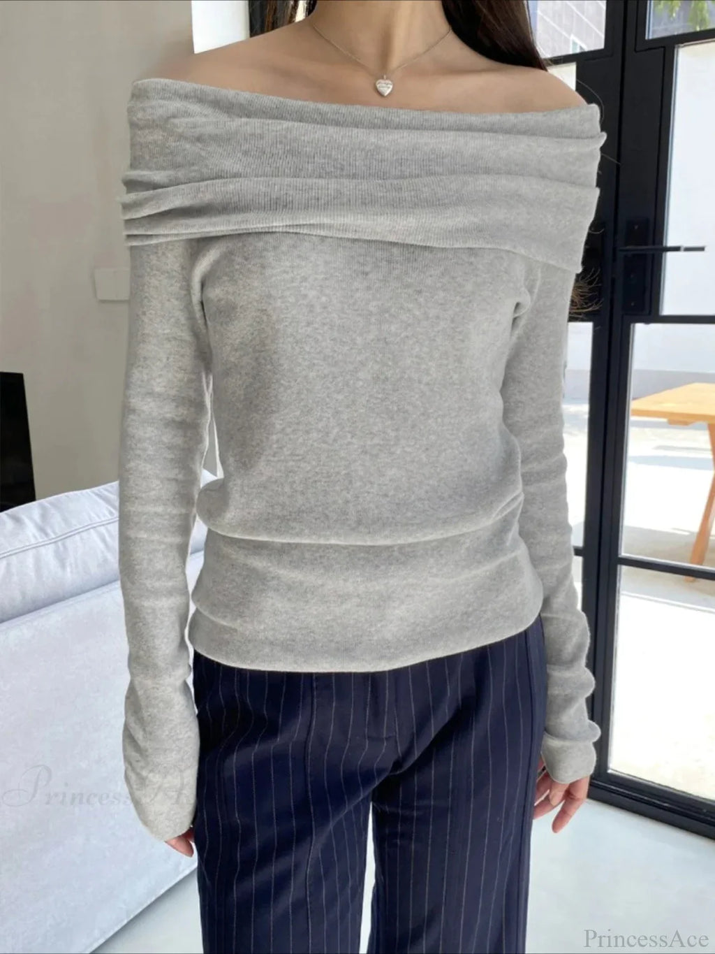 Slim Off-Shoulder Solid Slash Neck Long Sleeve Knit Top image 1