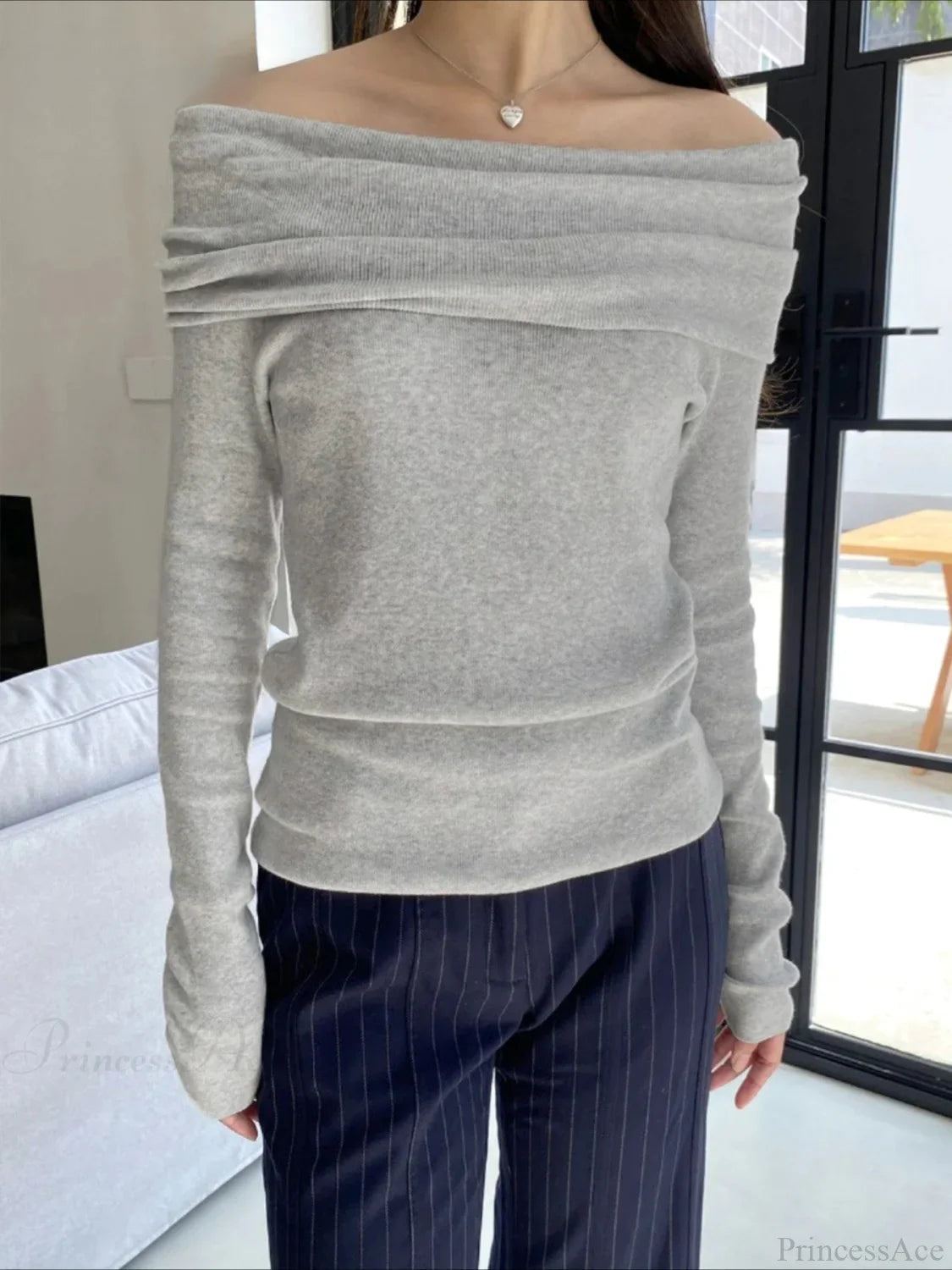 Slim Off-Shoulder Solid Slash Neck Long Sleeve Knit Top image 1