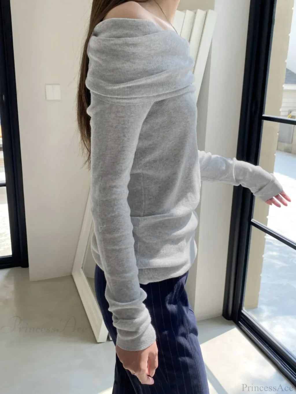 Slim Off-Shoulder Solid Slash Neck Long Sleeve Knit Top image 2