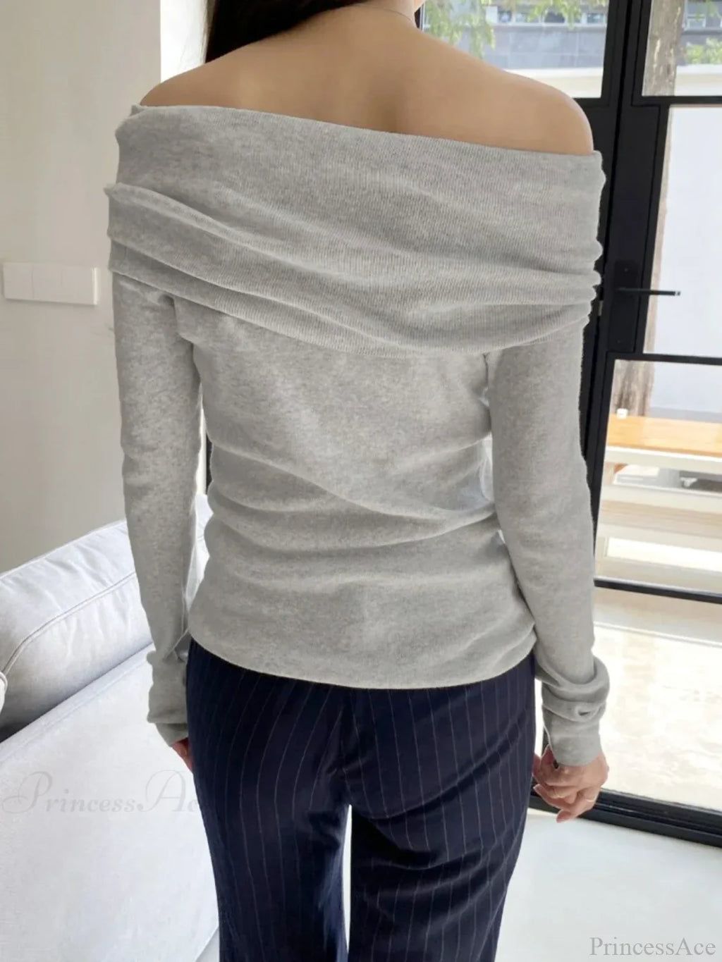 Slim Off-Shoulder Solid Slash Neck Long Sleeve Knit Top image 3