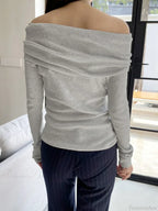 Slim Off-Shoulder Solid Slash Neck Long Sleeve Knit Top image 3