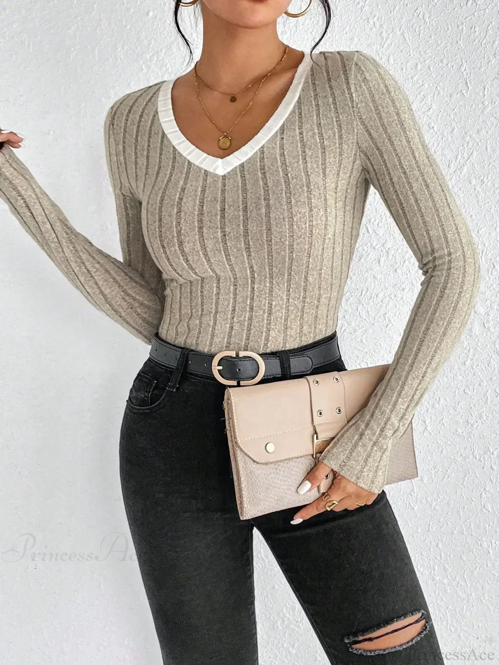 Slim Sexy V-Neck Neck Edge Clash Pullover Top Women image 1