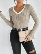 Slim Sexy V-Neck Neck Edge Clash Pullover Top Women image 1