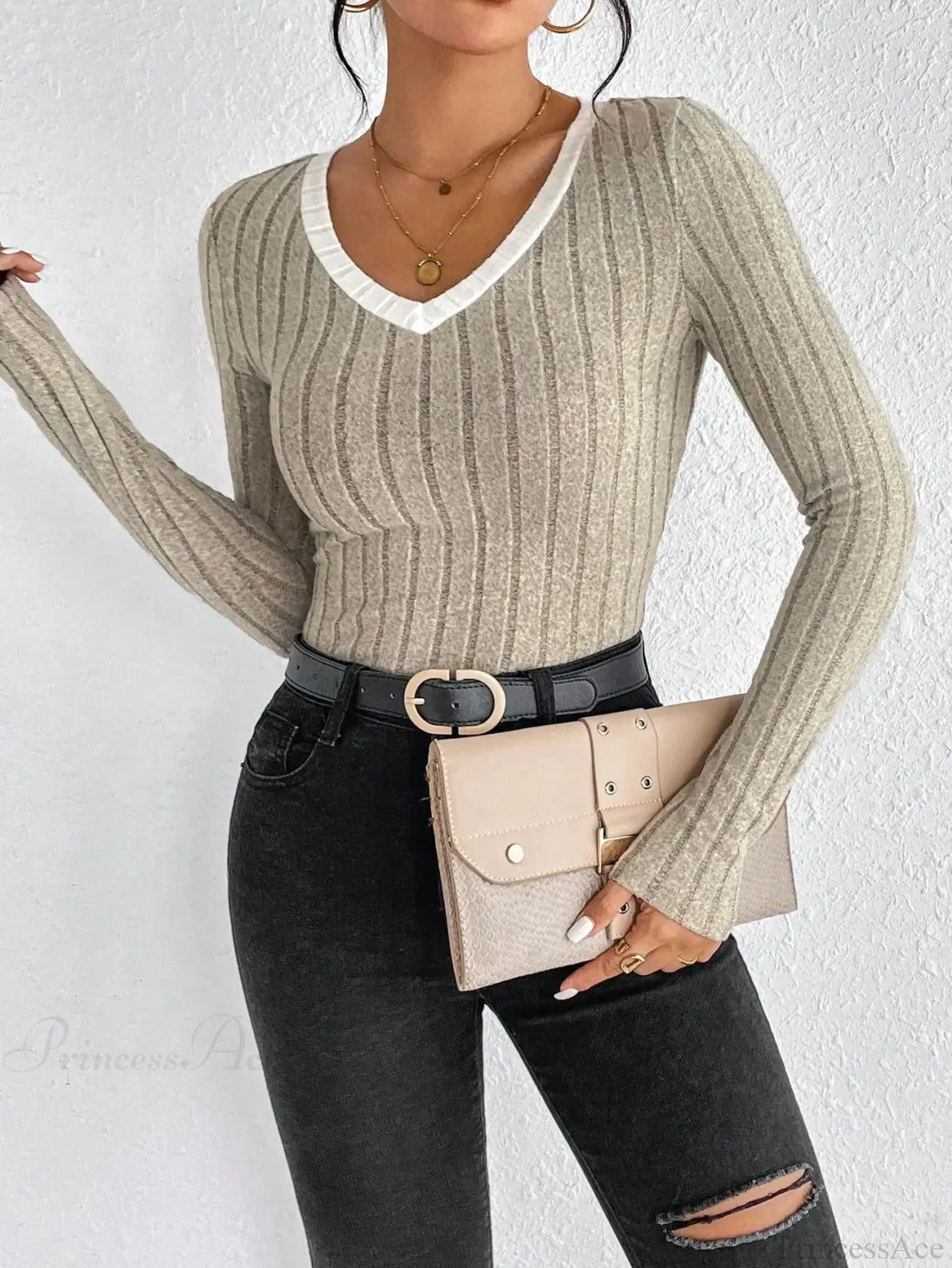 Slim Sexy V-Neck Neck Edge Clash Pullover Top Women image 1