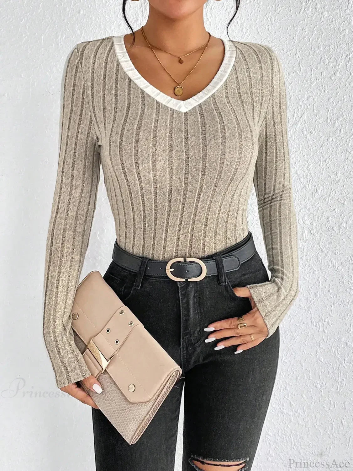 Slim Sexy V-Neck Neck Edge Clash Pullover Top Women image 5