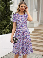 Slim Waist Floral Print Summer Round Neck Dress image 1